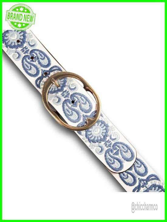 Embroidered Genuine Leather Belt with Oval Antique Brass Buckle